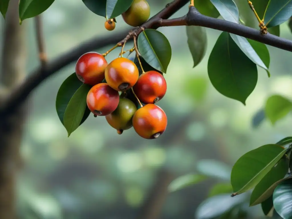 Un exuberante árbol de camu camu cargado de frutas naranjas en la selva amazónica