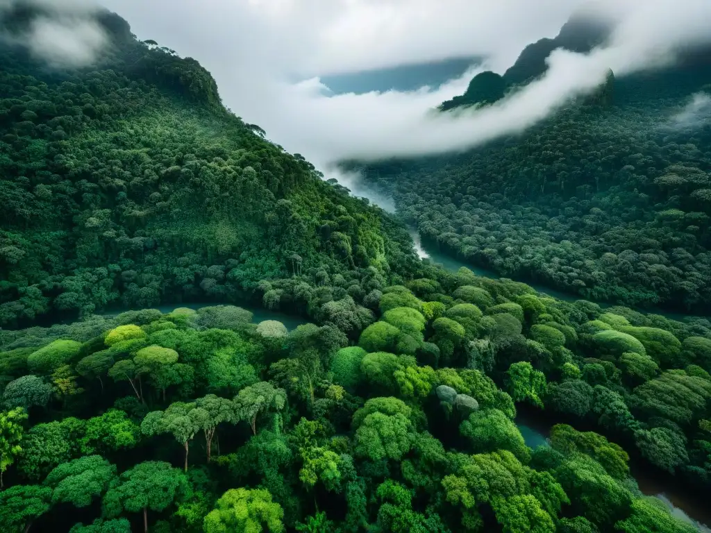 Un exuberante bosque amazónico con vida silvestre, río y follaje verde vibrante