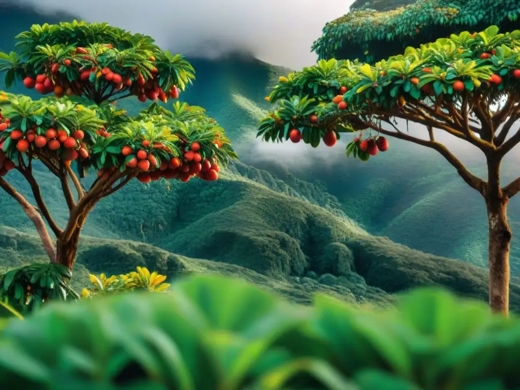 Camu Camu: Tesoro de la Selva Peruana Un exuberante bosque peruano con un árbol de camu camu cargado de frutos rojos brillantes, resaltando los superfoods peruanos ingredientes andinos