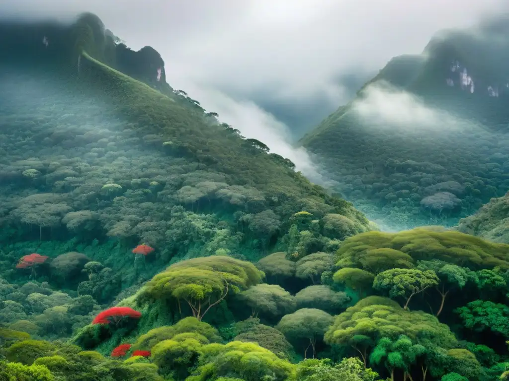 Un exuberante bosque de camu camu en Perú, con bayas rojas brillantes y aves coloridas