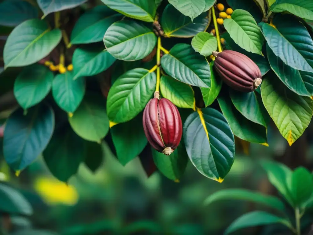 Plantación exuberante de cacao en la Amazonía peruana, con árboles cargados de coloridos frutos