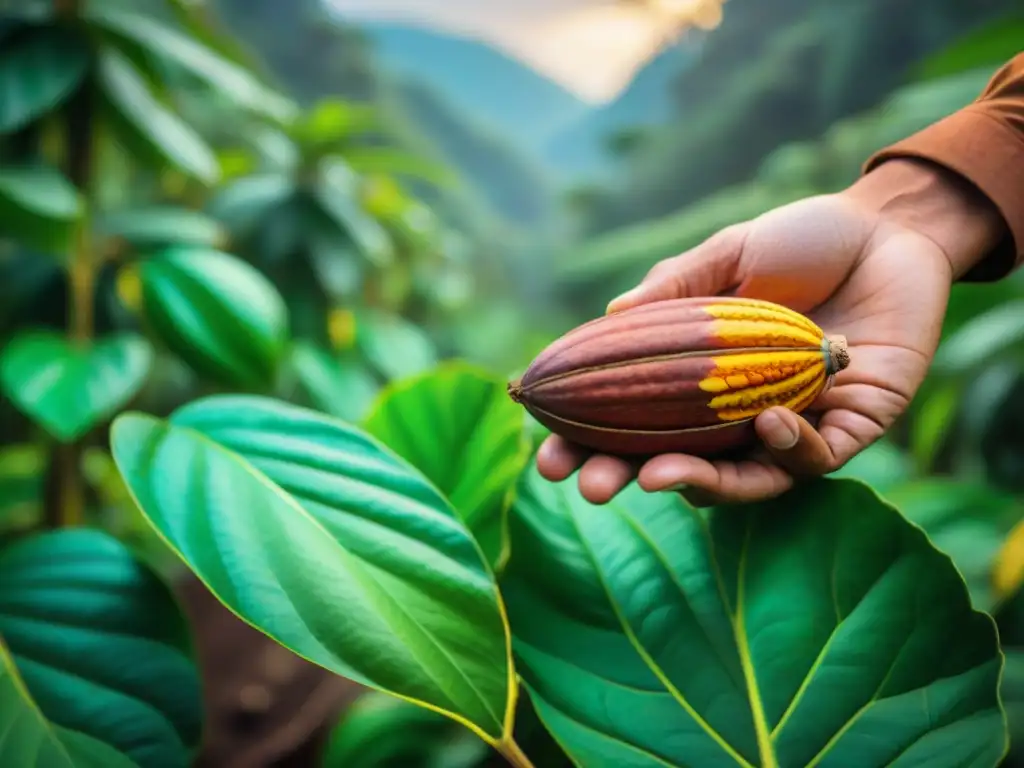 Un exuberante cacao peruano en la selva amazónica, con indígenas cuidando los frutos