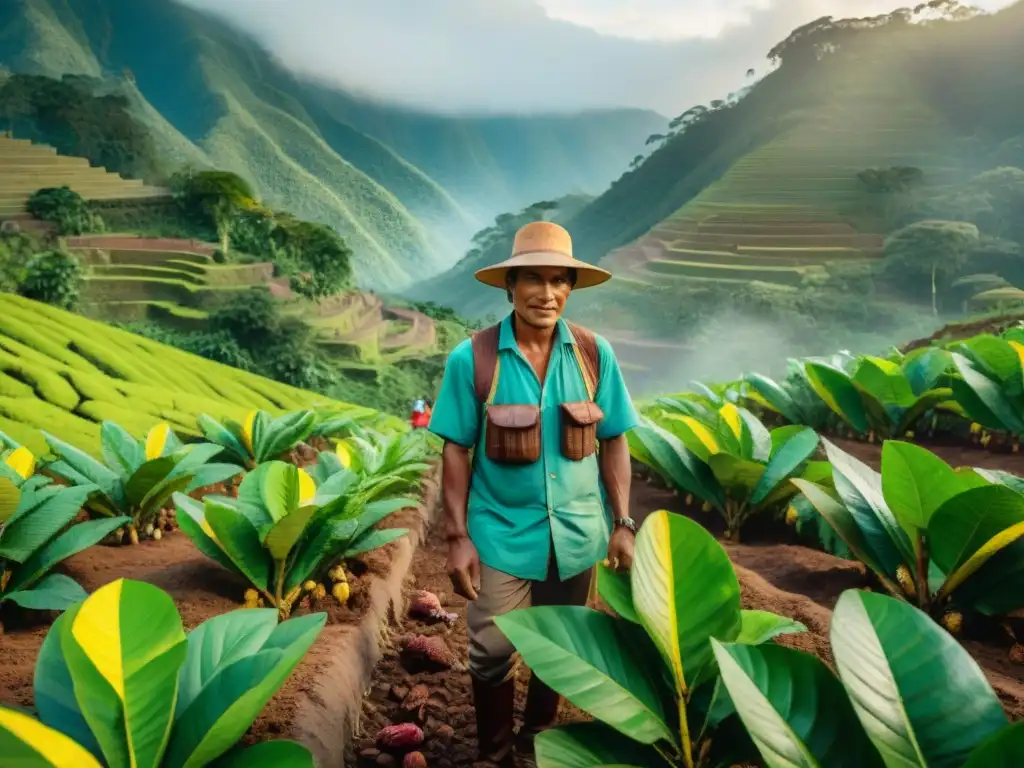 Un exuberante cacaotal peruano bajo el sol dorado, con cosecha tradicional