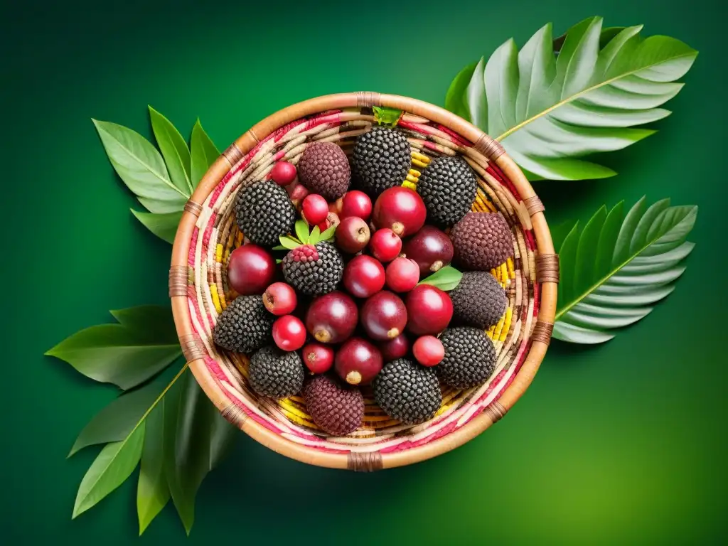 Una exuberante cesta de frutas amazónicas con acai, camu camu, cupuaçu y maracuyá, listas para un taller de bebidas exóticas