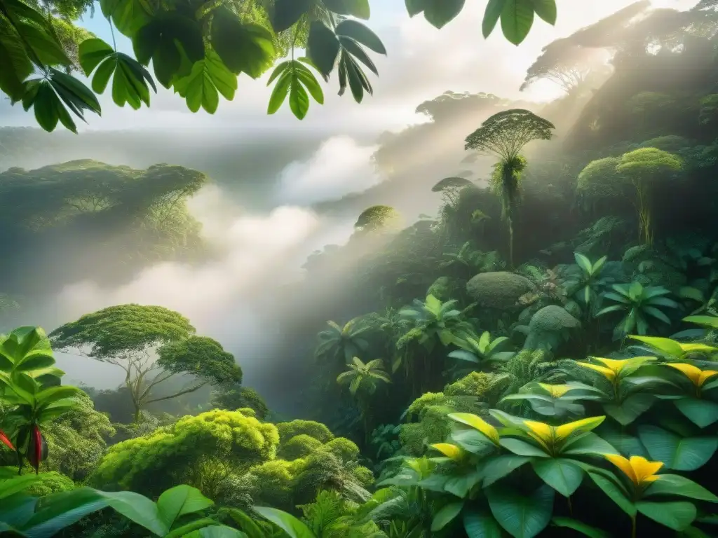 Un exuberante dosel de la selva amazónica, con una diversidad de plantas y aves