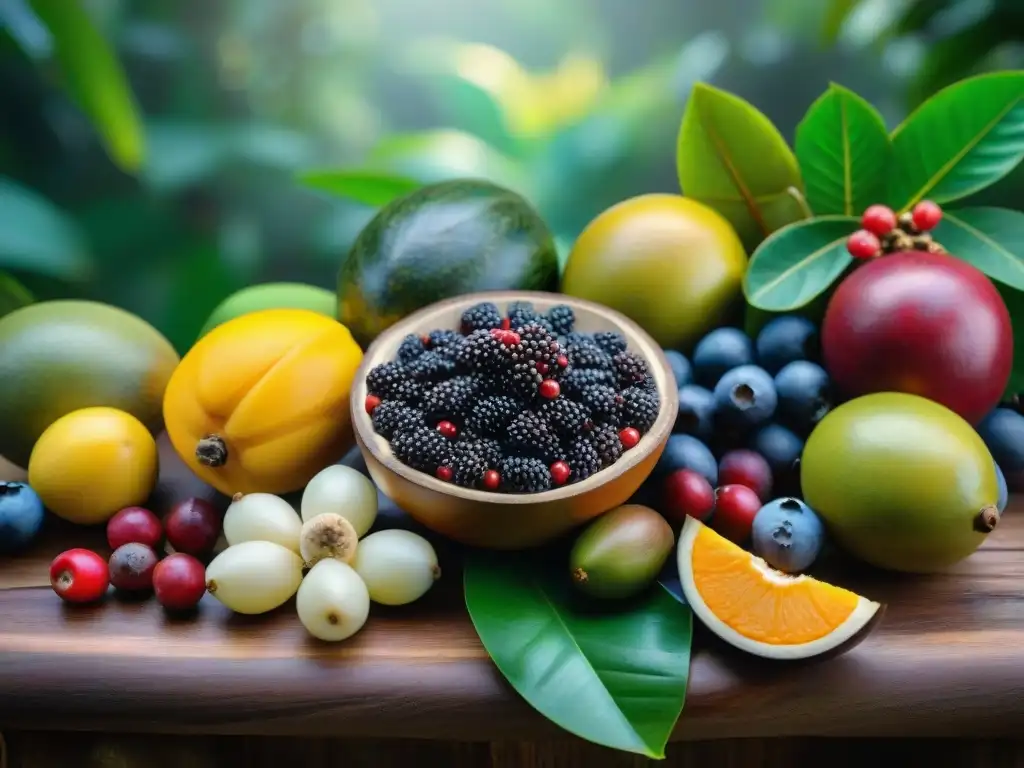 Una exuberante escena de la selva amazónica con una variedad de frutos amazónicos vibrantes en exhibición, mostrando la biodiversidad y beneficios saludables de estos frutos exóticos