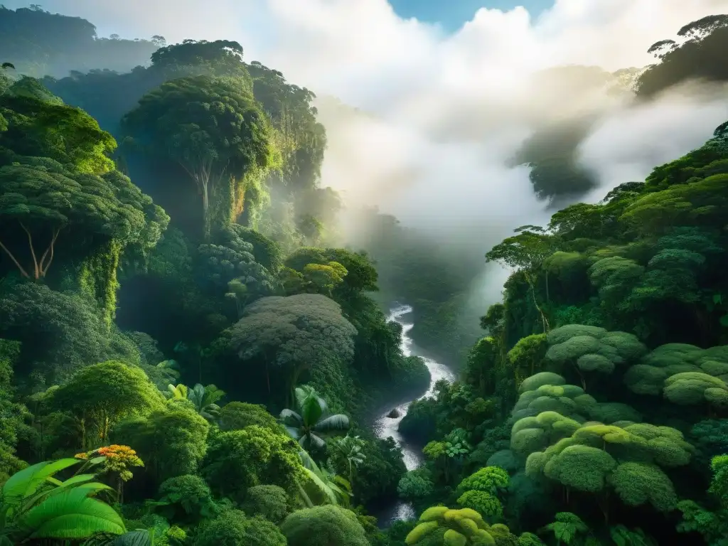 Una exuberante escena de la selva amazónica con árboles de Copaiba y lianas de Uña de Gato, resaltando la biodiversidad