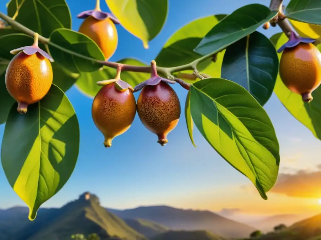 Un exuberante huerto de granadillas al amanecer en el campo peruano, irradiando serenidad y beneficios como superalimento contra la ansiedad