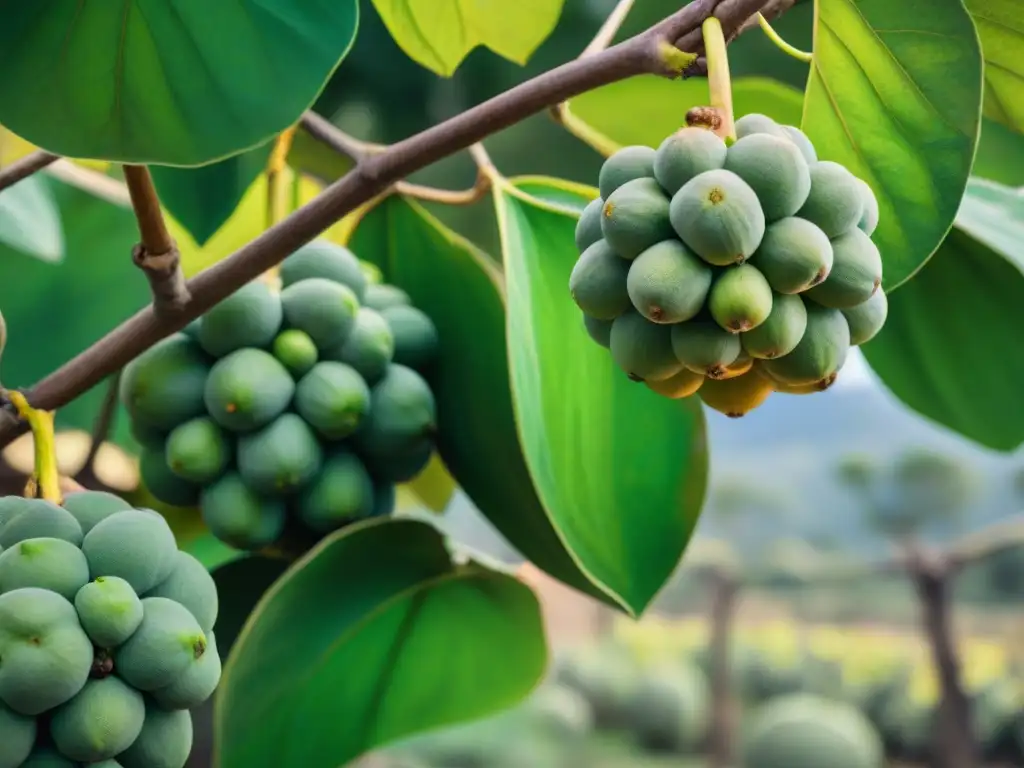 Exuberante huerto de cherimoya en Perú, frutas maduras colgando