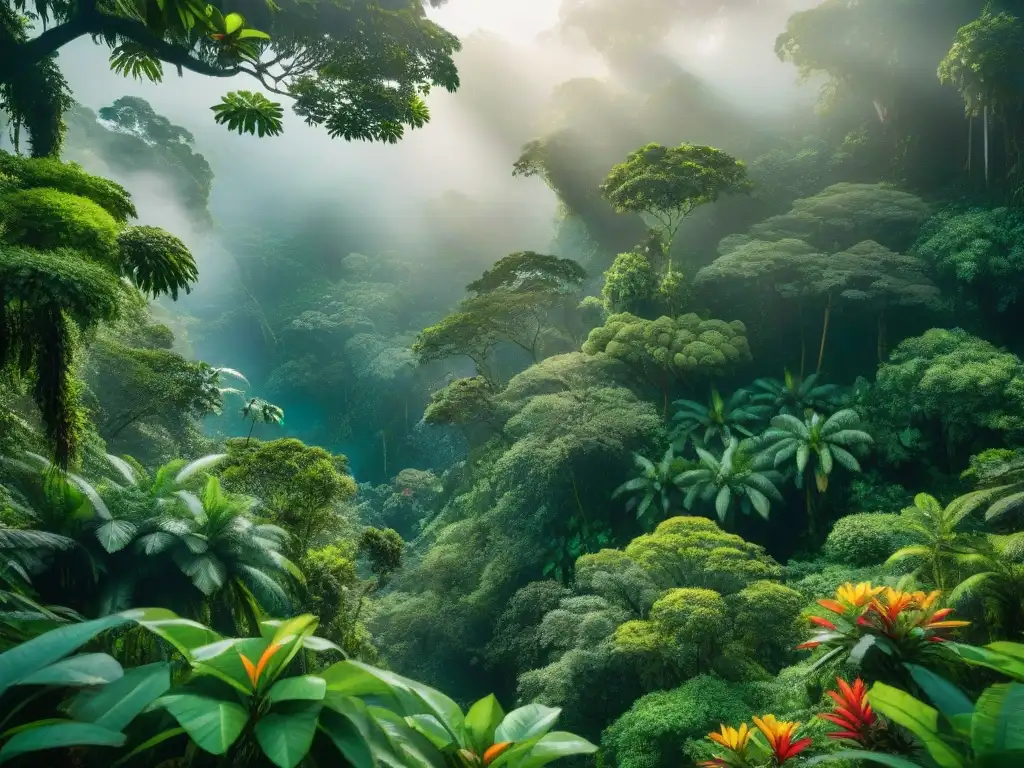 Un exuberante paisaje amazónico con piqueos selváticos ingredientes: vida silvestre, flores coloridas y una densa vegetación verde