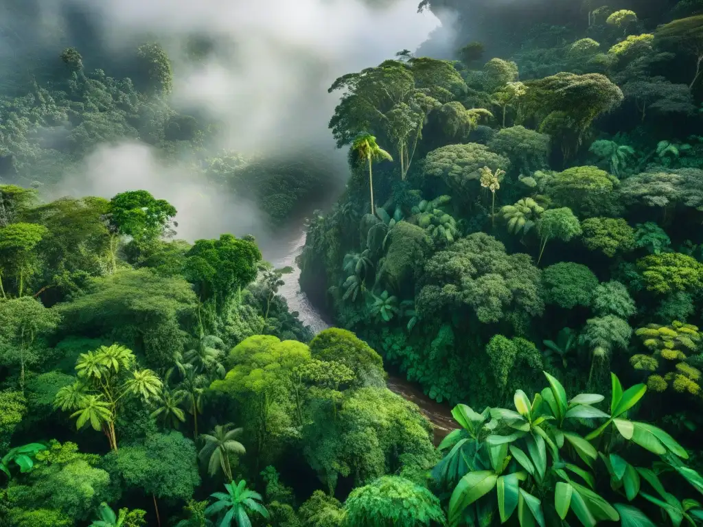 Un exuberante paisaje de la selva amazónica peruana con vida silvestre, río sereno y exótica vegetación