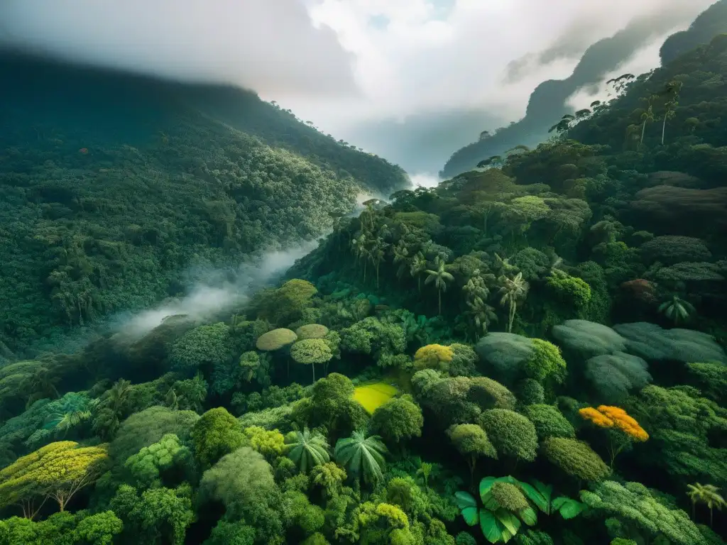 Un exuberante paisaje de la selva amazónica peruana, con una diversidad de especies vegetales y aves