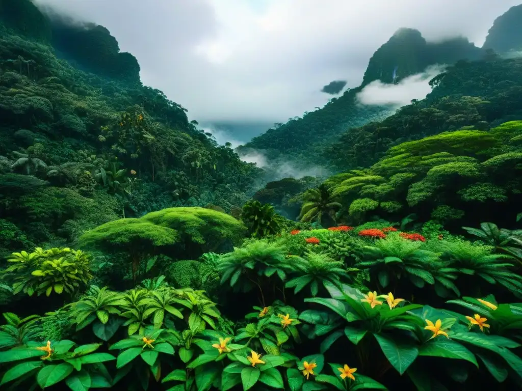 Selva amazónica: exuberante diversidad vegetal Un exuberante paisaje de la selva amazónica con plantas vibrantes y exóticas