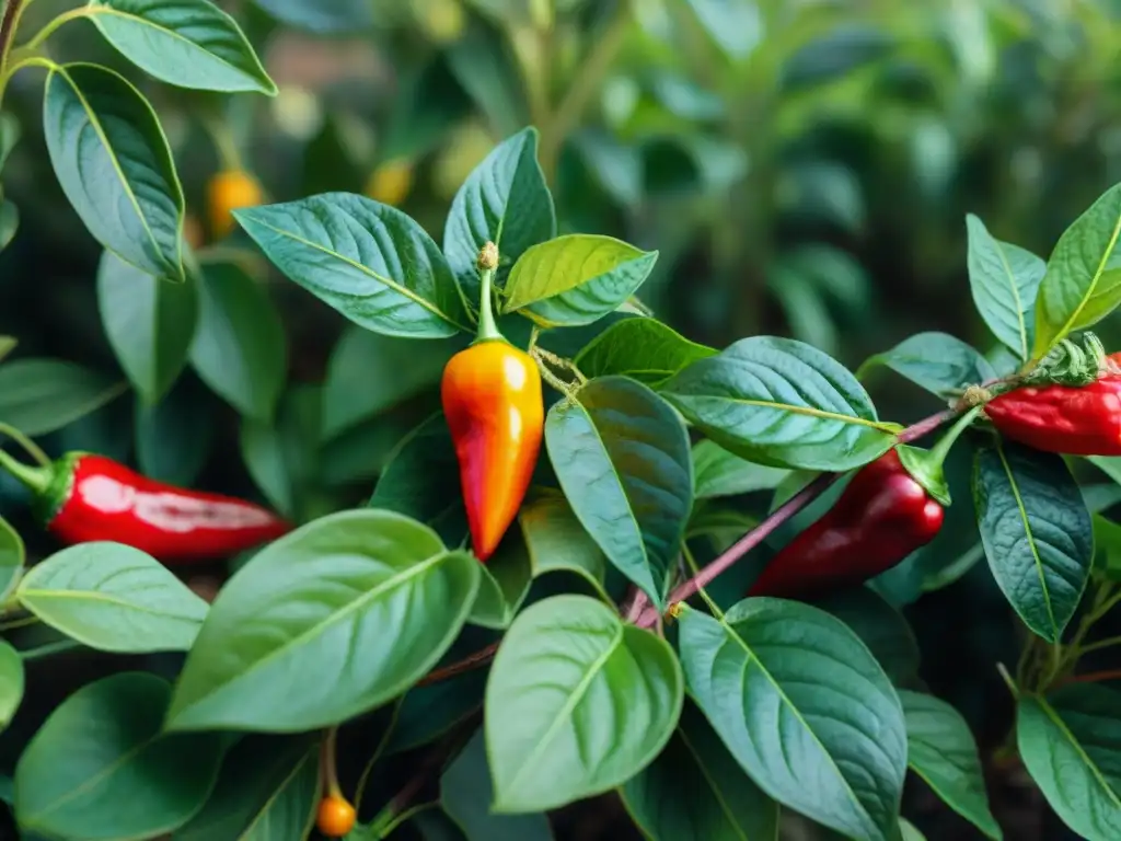 Un jardín exuberante con ajíes peruanos en diferentes etapas de crecimiento, bañado por la luz del sol