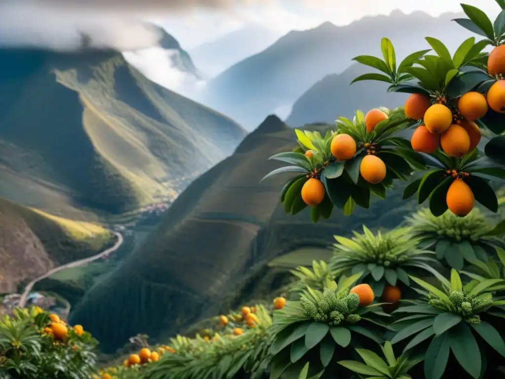 Exuberante planta de aguaymanto en floración con frutos naranjas y montañas andinas al fondo