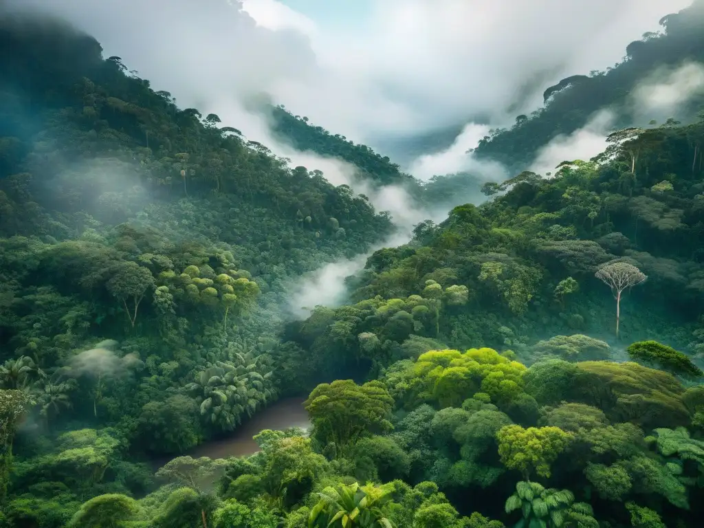 Una exuberante sección de la selva amazónica con su densa vegetación, colores vibrantes y misteriosa neblina