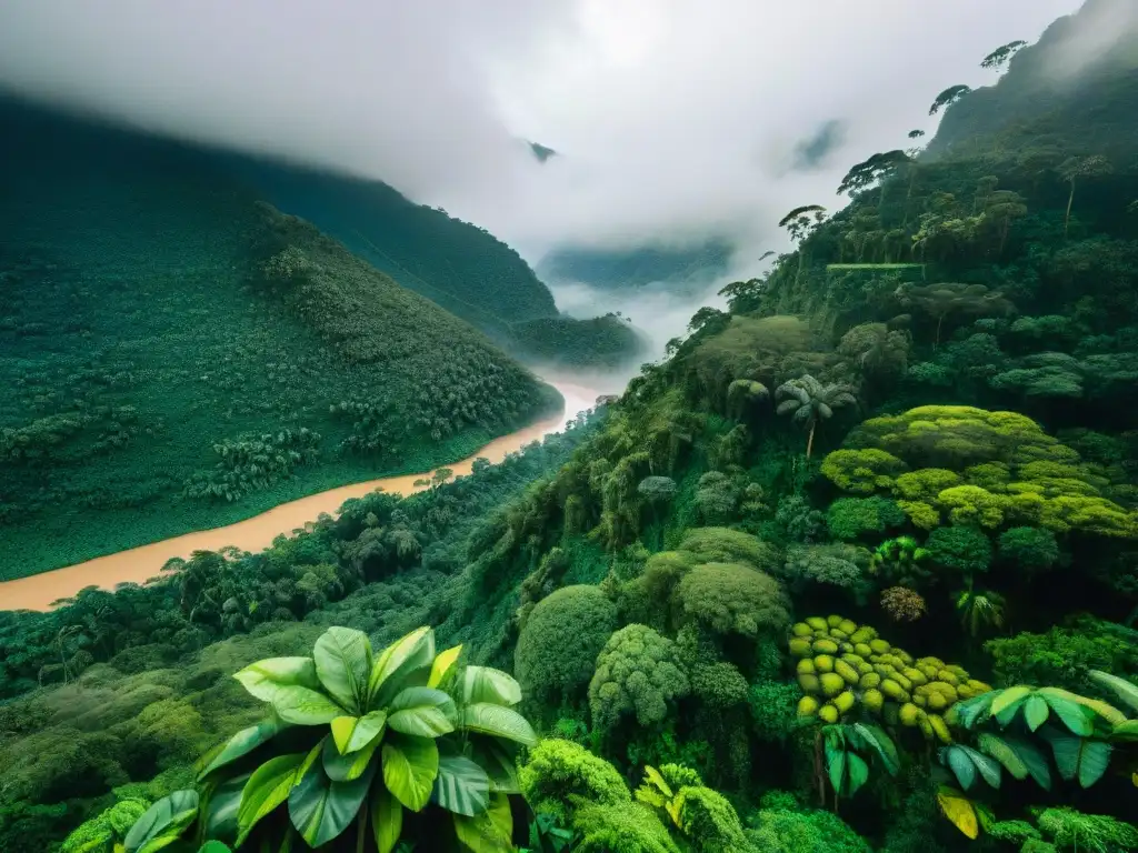 Exuberante selva amazónica con frutas exóticas, plantas vibrantes y cosecha sostenible por comunidades indígenas