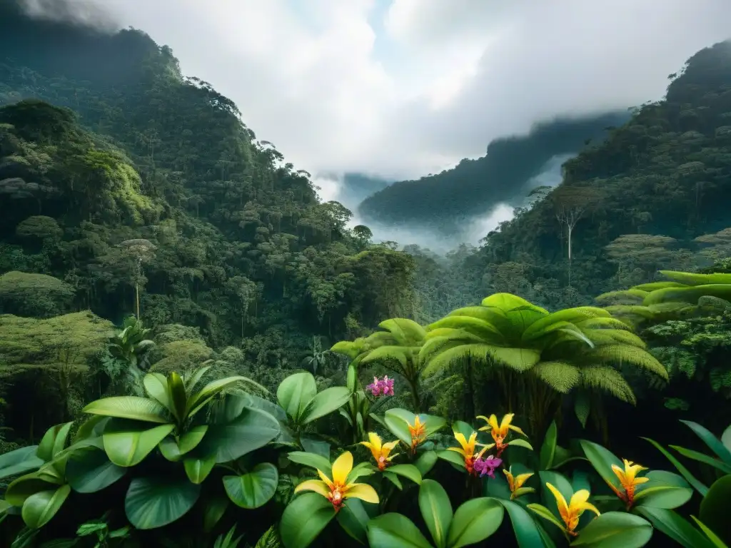 Esplendor floral en la selva amazónica: biodiversidad exuberante Una exuberante selva amazónica peruana con árboles, orquídeas y rayos de sol filtrándose
