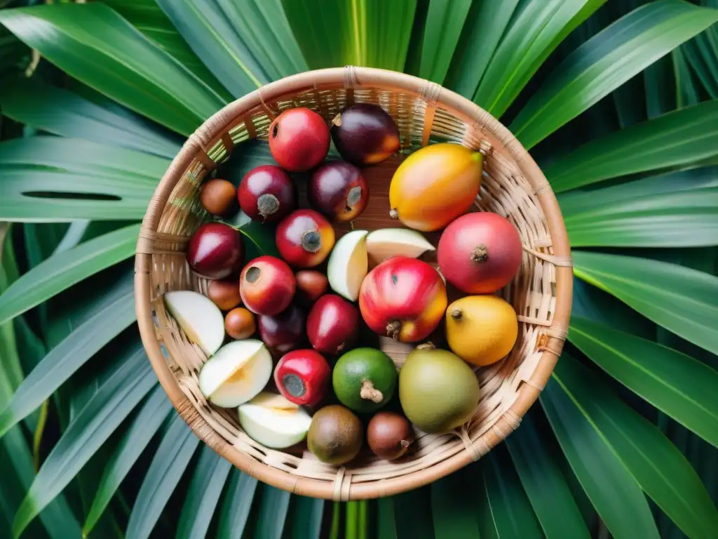 Una exuberante variedad de frutas amazónicas en una cesta de palma tejida, destacando los sabores exóticos de la Cocina Amazónica en Perú