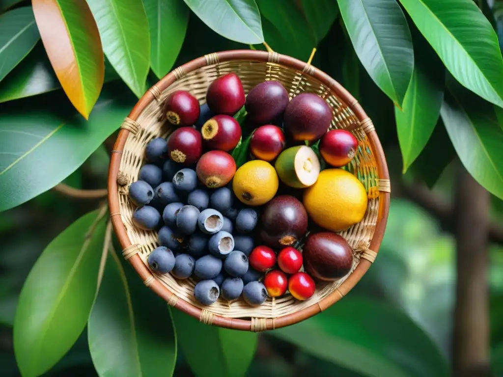 Una exuberante variedad de frutas amazónicas en un cesto tejido, bajo la luz del sol en la selva