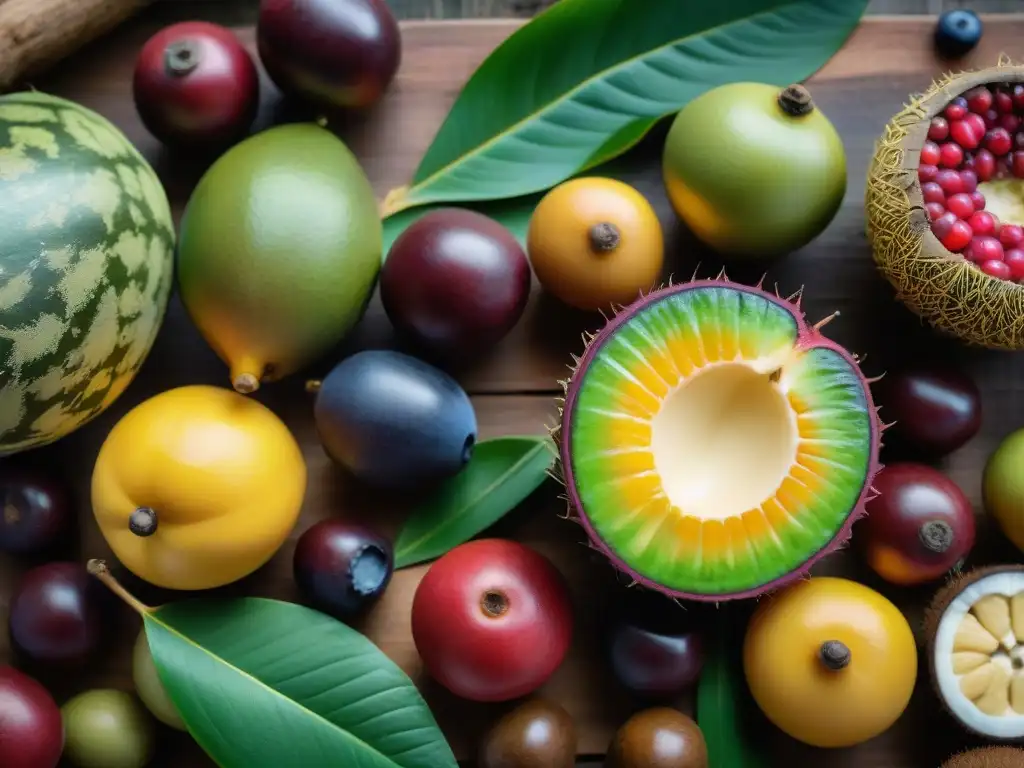 Una exuberante variedad de frutos amazónicos en una mesa rústica