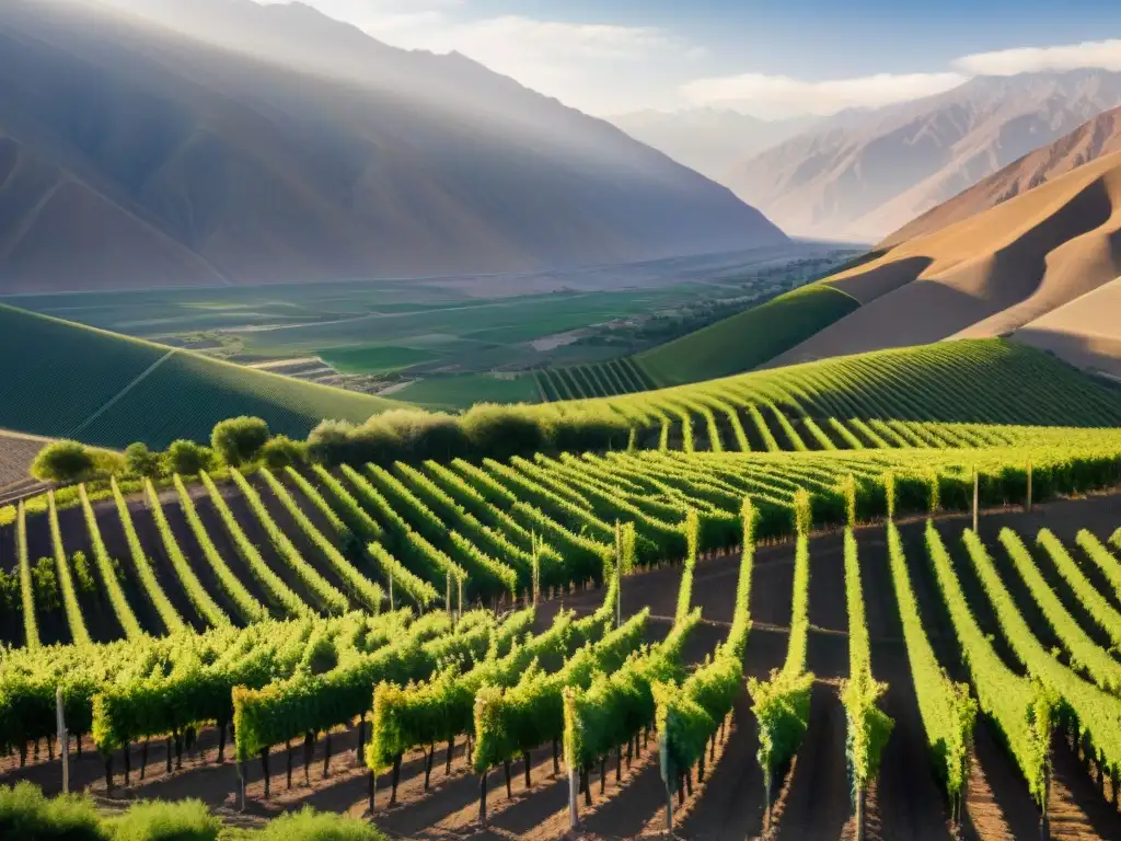 Vinedos exuberantes en Elqui Valley, Chile, con la majestuosa Cordillera de los Andes de fondo