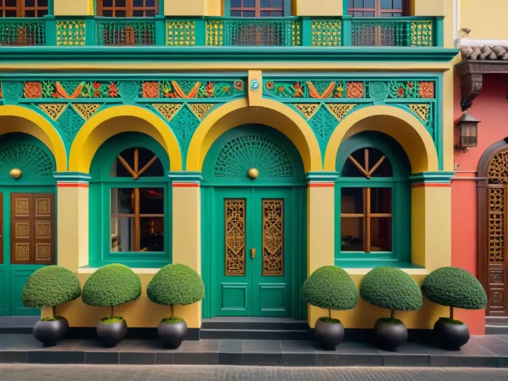 Fachada de restaurante de lujo en Lima con diseño inspirado en motivos peruanos, colores vibrantes y vegetación exuberante