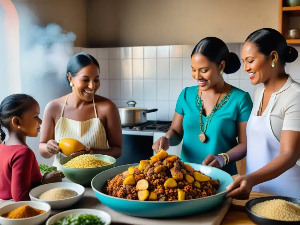 Una familia AfroPeruana preparando una festiva comida, con ingredientes y tradiciones que reflejan sus raíces africanas en la cocina peruana