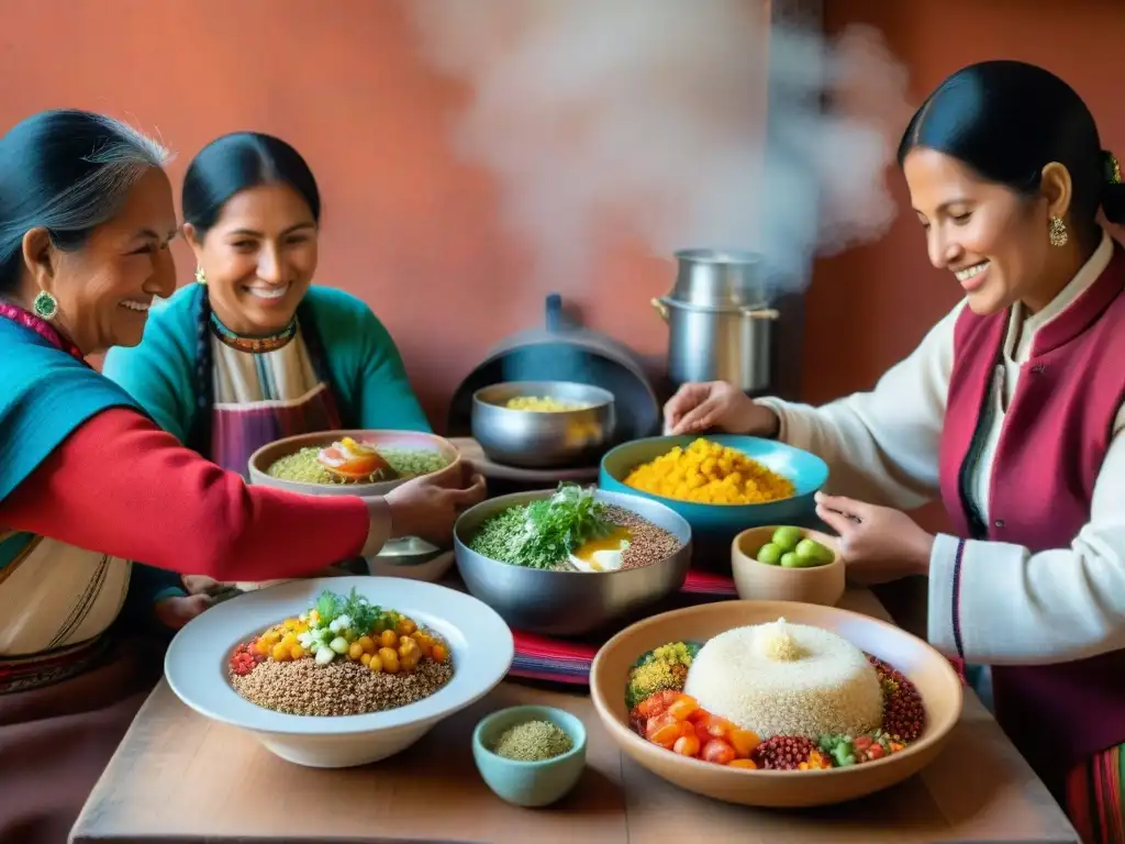 Una familia andina en cocina moderna disfruta de una comida colorida y nutritiva con quinua andina, mostrando tradición y orgullo