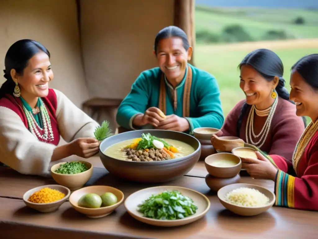 Deliciosa comida familiar andina con kiwicha en cerámica tradicional Una familia andina disfruta de una comida con kiwicha en un ambiente cálido y tradicional