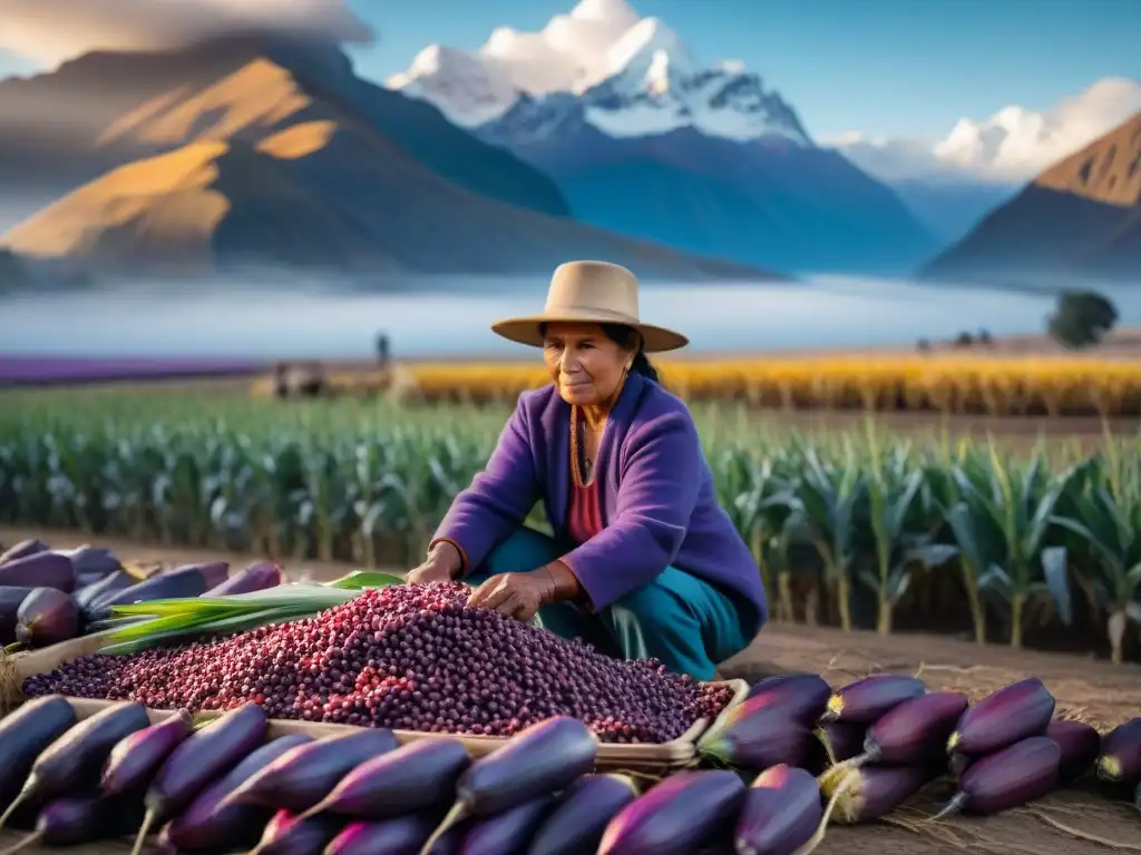 Familia andina cosechando maíz morado con beneficios para salud ósea