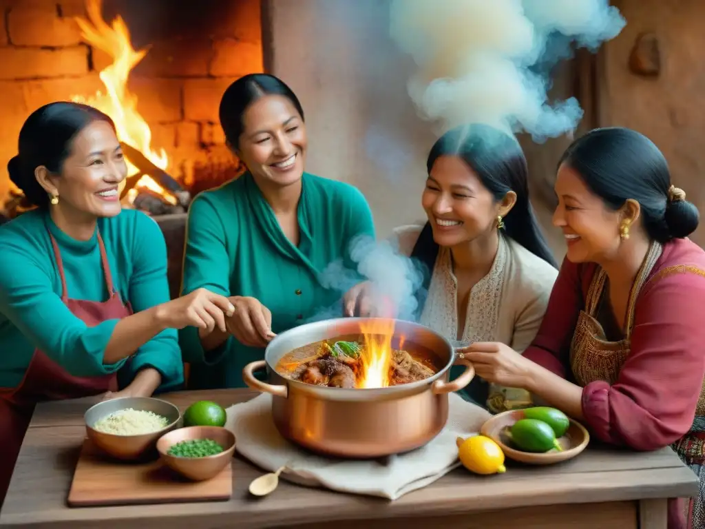 Una familia ecuatoriana comparte risas y secretos en torno a un delicioso Seco de Cordero en una cocina tradicional