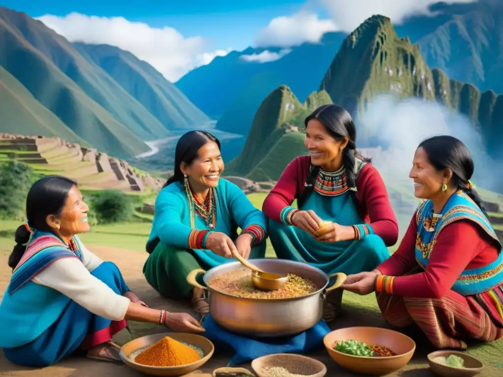 Familia indígena peruana preparando una deliciosa cazuela de quinua en paisaje andino