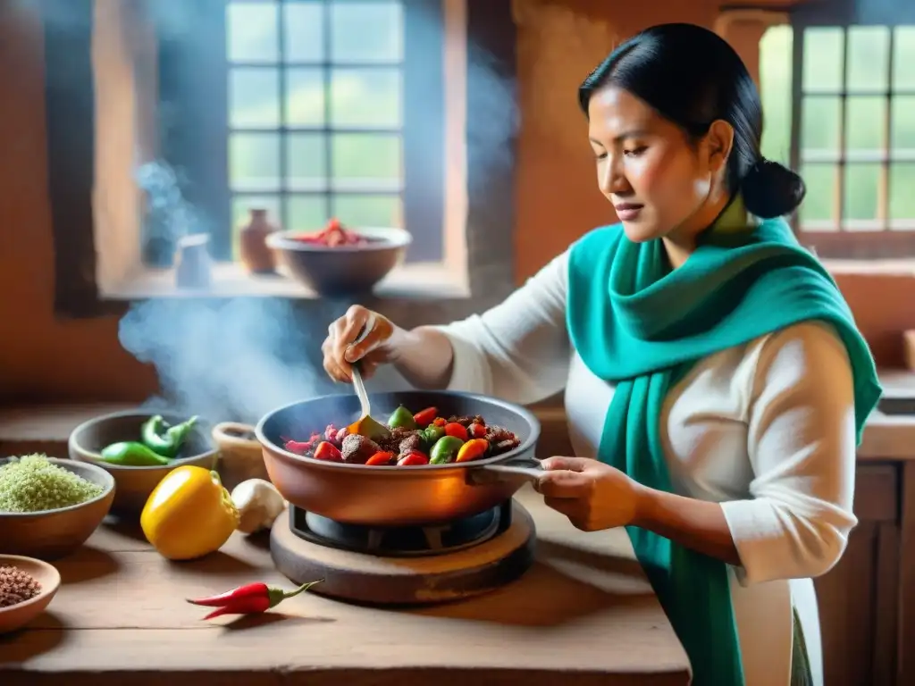 Una familia peruana prepara Adobo Arequipeño en una cocina rústica