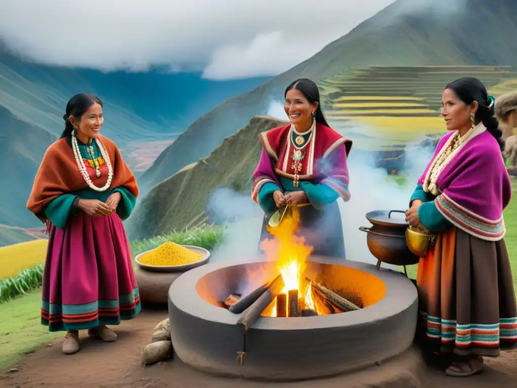 Una familia peruana se reúne alrededor de una Pachamanca, ritual ancestral cocina moderna, con ingredientes andinos coloridos