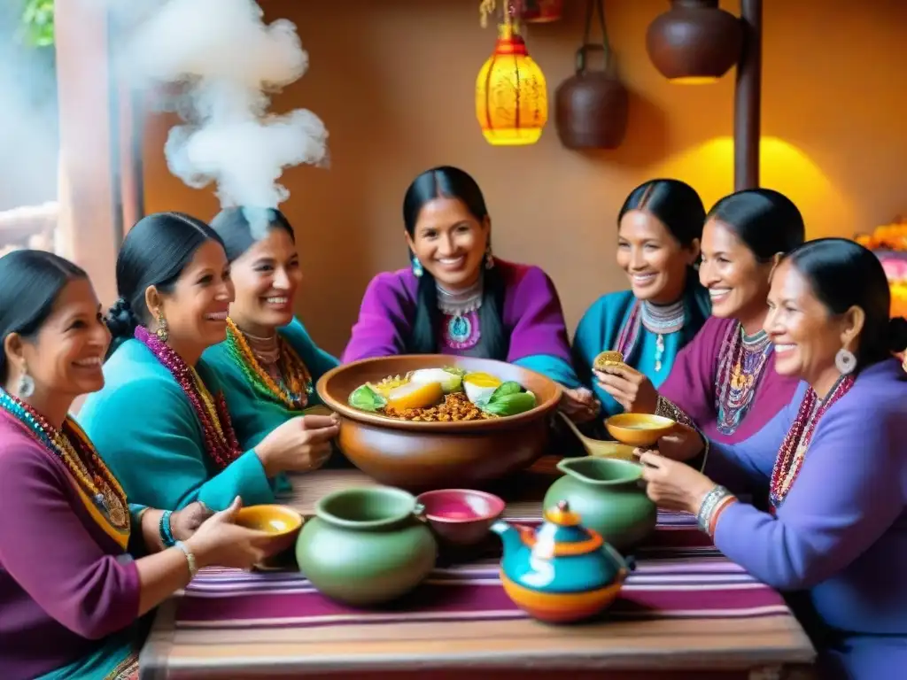 Una familia peruana disfrutando de una auténtica receta de chicha morada en una mesa tradicionalmente decorada