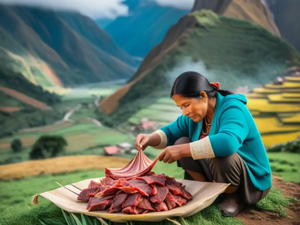 Familia peruana en los Andes preparando charqui, ilustrando la conservación de alimentos en Perú