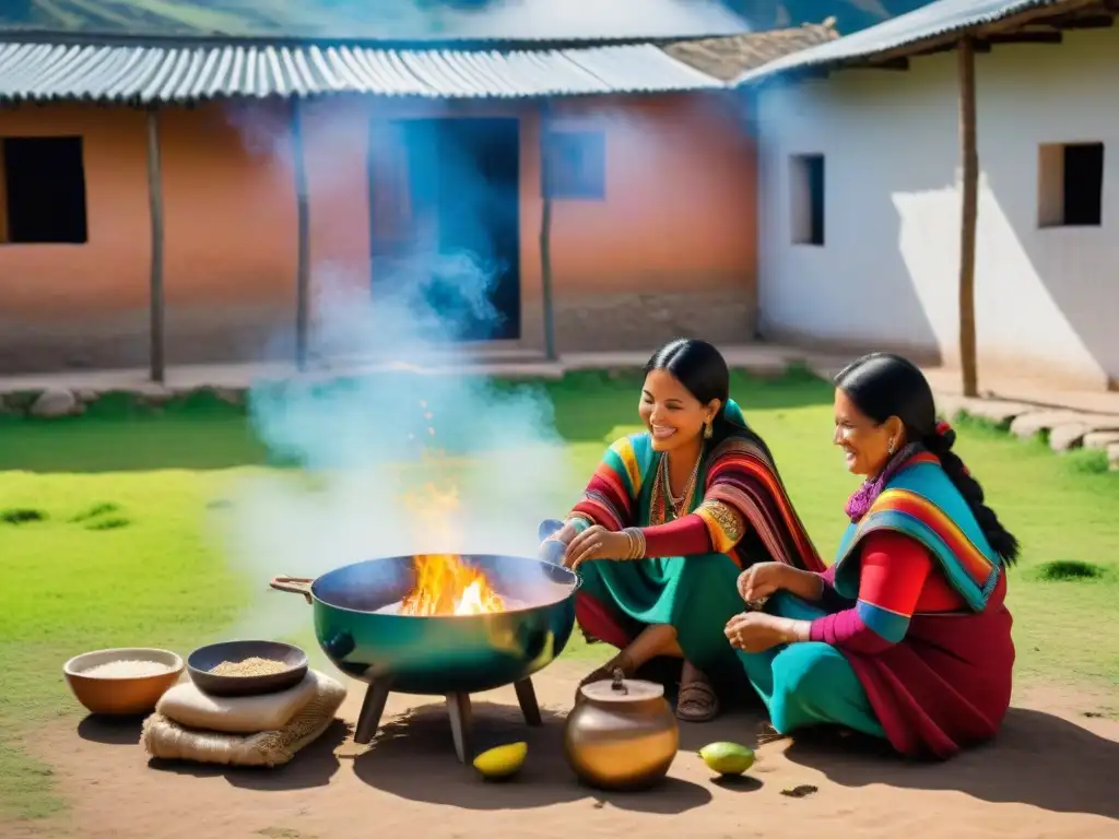 Una familia peruana cocina con alegría en una cocina solar en Perú, rodeada de naturaleza y tradición