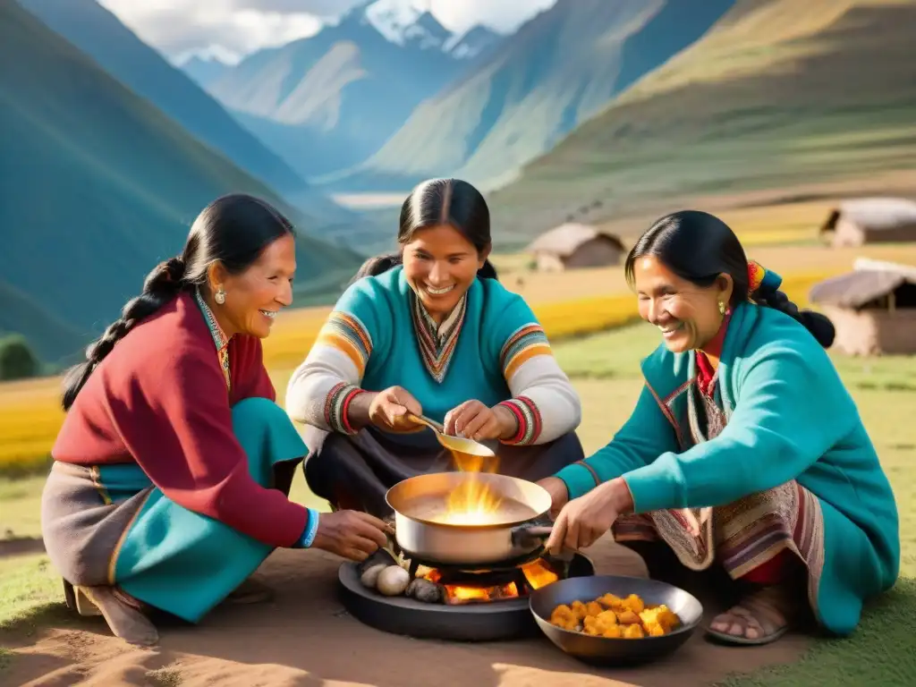 Una familia peruana cocina con alegría en la montaña andina usando una cocina solar