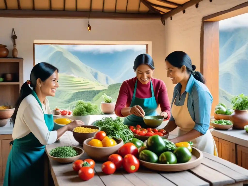 Una familia peruana en una cocina rústica, preparando una comida tradicional con ingredientes locales frescos