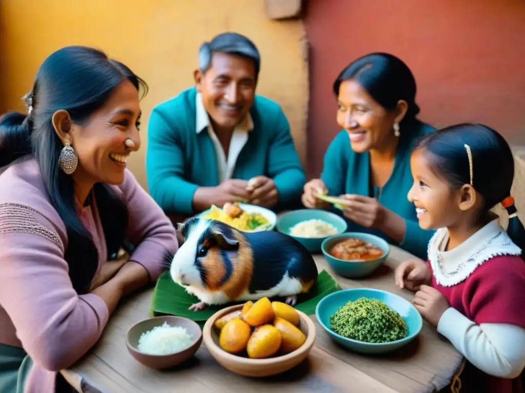 Una familia peruana disfruta de una comida con cuy autóctono en varias preparaciones, resaltando los beneficios nutricionales del cuy