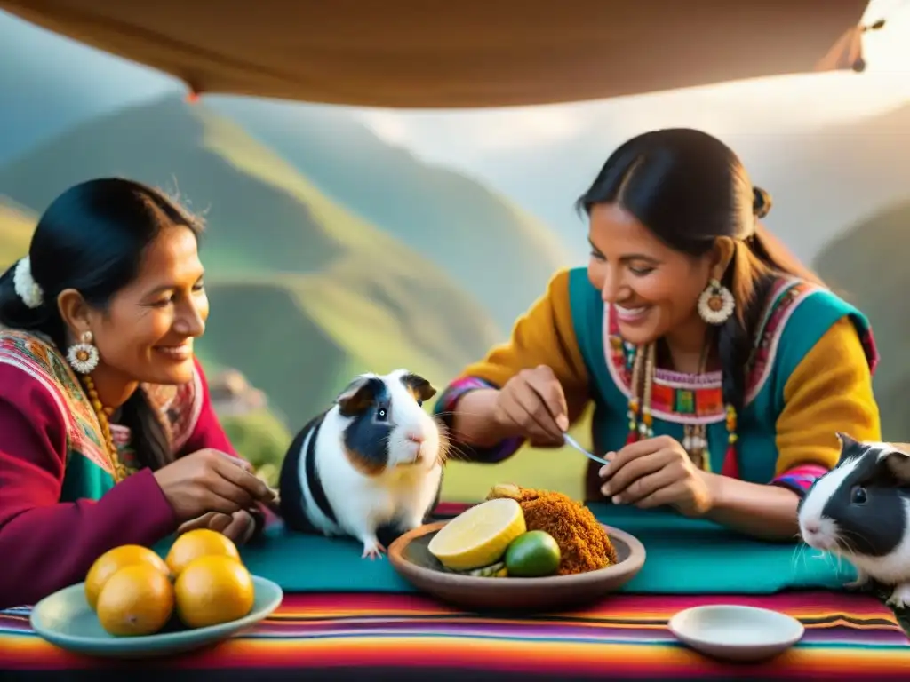 Una familia peruana comparte una comida de cuy en una escena tradicional, reflejando la transformación del cuy en Perú