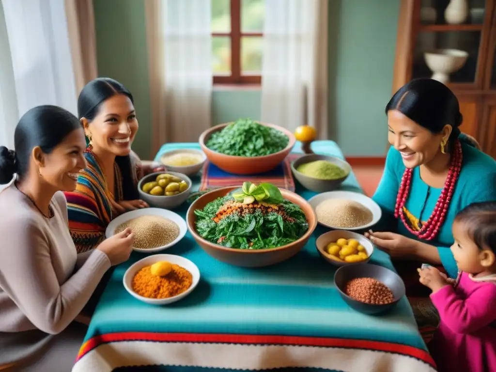 Familia peruana disfruta comida nutritiva Una familia peruana comparte una comida nutritiva y colorida, unida en calidez y tradición
