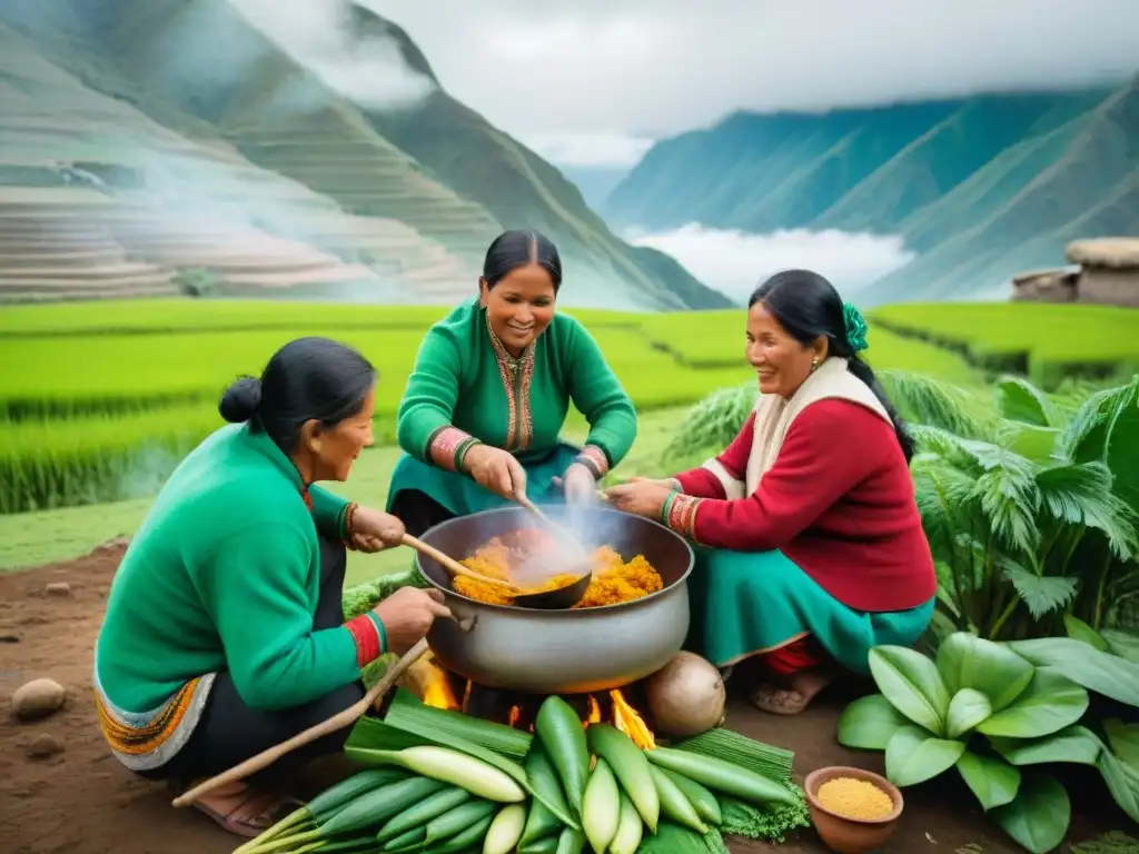 Familia peruana preparando comida con técnicas culinarias sostenibles en paisaje verde