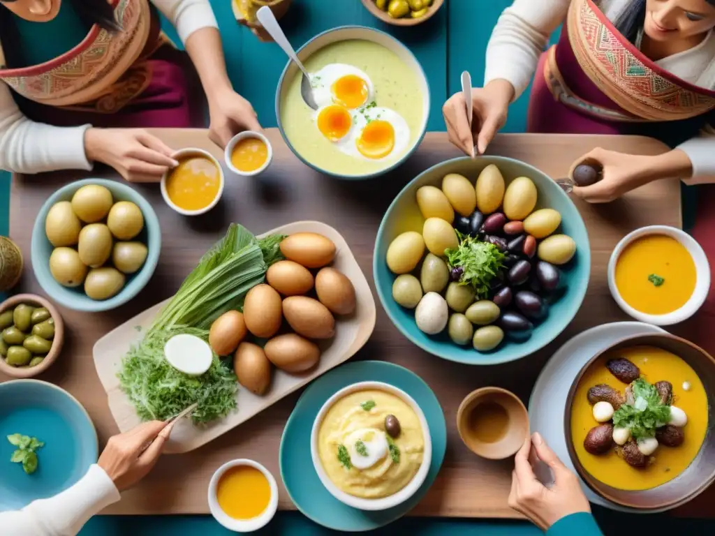 Una familia peruana disfruta de una comida tradicional con Papa a la Huancaína, resaltando los beneficios de la Papa Huancaína