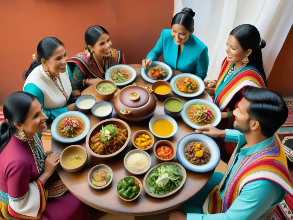 Una familia peruana disfruta de una comida tradicional, mostrando la historia de platos peruanos autóctonos