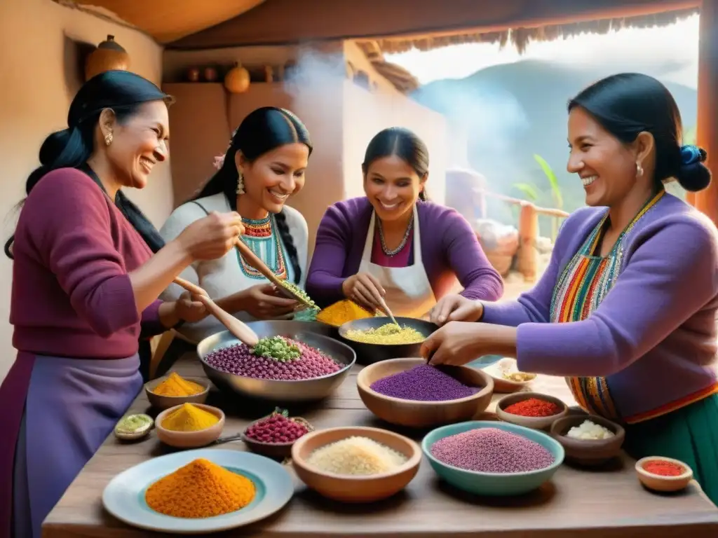 Una familia peruana prepara un festín tradicional en torno a una mesa con ingredientes autóctonos