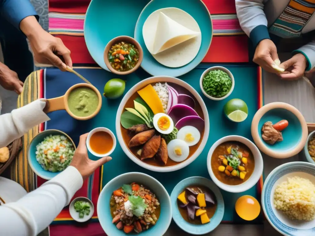 Una familia peruana disfrutando de un festín tradicional, resaltando la riqueza de la gastronomía peruana con ingredientes autóctonos