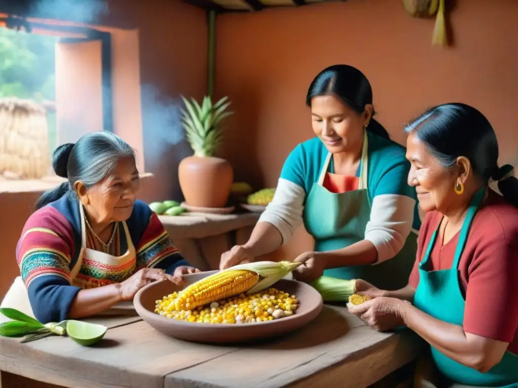 Una familia peruana preparando humitas andinas, con generaciones unidas en una cocina tradicional llena de colores y sabores