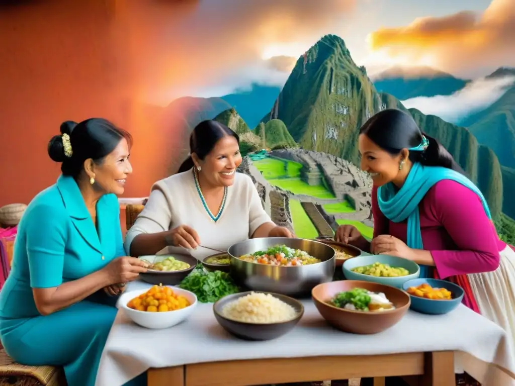 Una familia peruana disfrutando de una mesa llena de platillos típicos coloridos y nutritivos